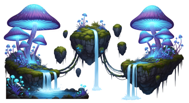Fantasy island with glowing mushrooms and waterfall isolated on transparent background