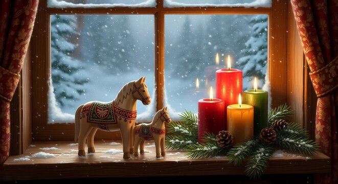 Christmas window scene with burning candles and wooden dalahast horse. Cozy holiday atmosphere on snowy winter day for festive season decoration.
