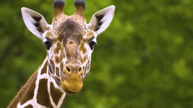 Close up of a giraffes head chewing and moving his mouth like talking on a sunny spring day