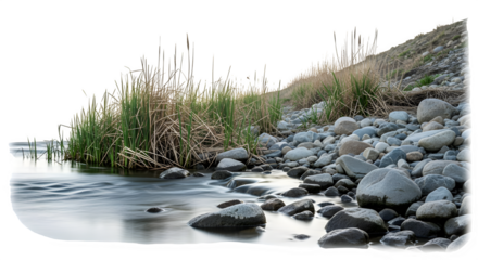 A rocky riverbank with tall grass and flowing water isolated on transparent background