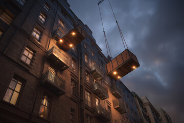 Crane-Basket Facade Retrofit With Technicians Bolting Prefabricated Balcony Pods To Old Brick, Dawn Work Lamps, Three-Quarter Construction Perspective