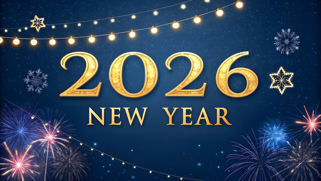 2026 new year golden text, greeting banner with sparkling