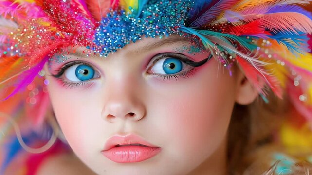 close up portrait of child wearing colorful carnival feather mask with bright makeup and sparkling glitter showing fantasy festival style