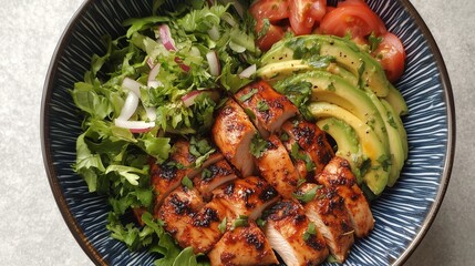 Sliced grilled chicken breast is beautifully arranged with fresh avocado, ripe tomatoes, and mixed greens in a bowl, highlighting a nutritious meal option