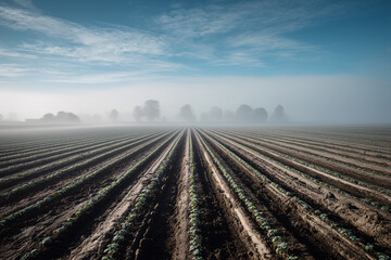 Sea-Fog Inversion Lifting From Coastal Potato Plots, Turbine Shadows And Winter Sun Break, Oblique Aerial With Hedgerow Tracks