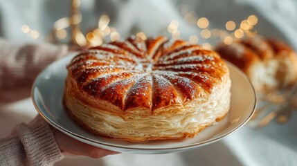 Woman Holding Golden Galette des Rois with Warm Morning Light for Traditional French Epiphany Celebration