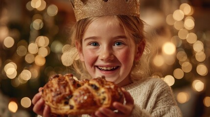 Joyful Girl Wearing a Golden Crown and Holding Traditional Galette des Rois During Epiphany Celebration