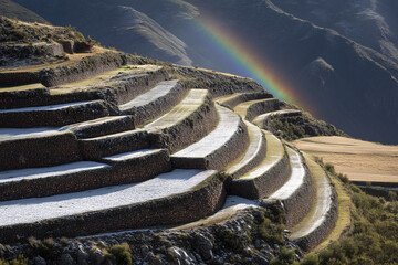 High-Andean Quinoa Terraces After Hailburst, White Pellets Along Stone Risers, Rainbow Remnant, Elevated Drone Perspective