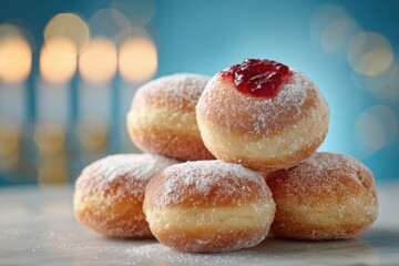 Hanukkah holiday table with jelly donuts and menorah candle in soft blue light