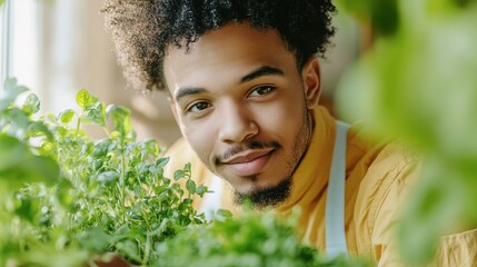 Young man tending to green indoor plants. Mindful Ritual and Emotional Healing Practice Connecting Nature and Mental Wellness in Urban Spaces
