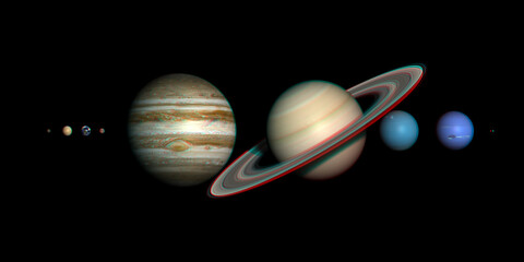 3D anaglyph image of the planets of the solar system to view with red/cyan glasses. Correct relative sizes. Includes Pluto.