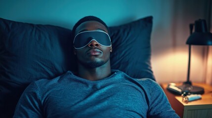 Black man resting in soundproof urban loft bedroom with blackout curtains, soft bed linen, dim warm light and wellness therapy tools for mental recovery and comfort