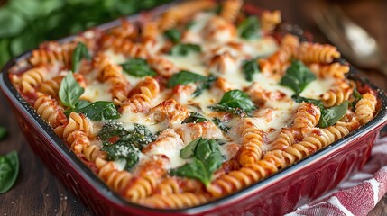 Baked pasta dish with rotini, fresh spinach, and melted cheese in a red casserole dish, showcasing a warm and inviting meal ideal for sharing with loved ones