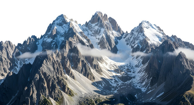Scenic view of jagged mountain peaks covered in snow isolated on transparent background