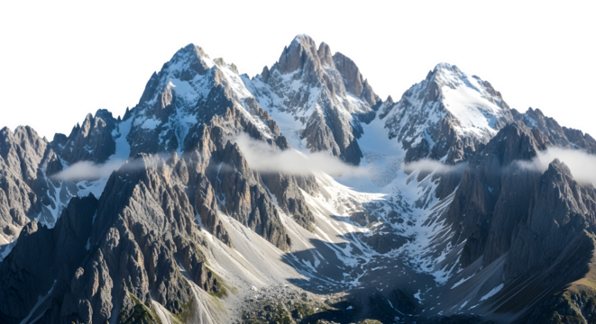 Scenic view of jagged mountain peaks covered in snow isolated on transparent background - Powered by Adobe