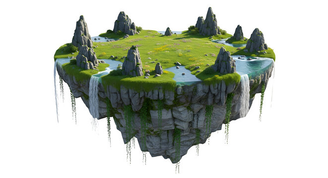 Fantasy floating island with green grass and waterfall isolated on transparent background