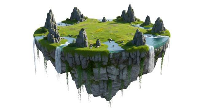 Fantasy floating island with green grass and waterfall isolated on transparent background