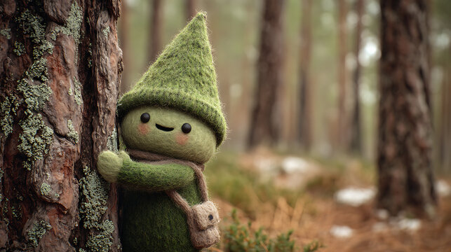 Cute Knitted Forest Gnome Peeking From Behind a Tree in an Enchanted Woodland Adventure