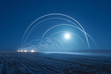 Moonlit Center-Pivot Irrigation Circles With Tractor Light Trails, High Drone Long Exposure, Semi-Arid Plains With Thin Frost