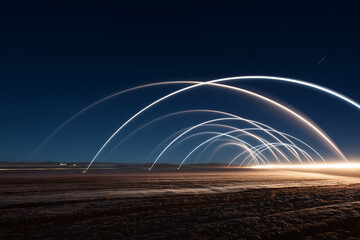 Moonlit Center-Pivot Irrigation Circles With Tractor Light Trails, High Drone Long Exposure, Semi-Arid Plains With Thin Frost