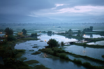 Monsoon-Break Twilight Over Mirror Rice Paddies, Narrow Dikes And Footbridges, Overhead Drone Shot, Village Lanterns And Haze