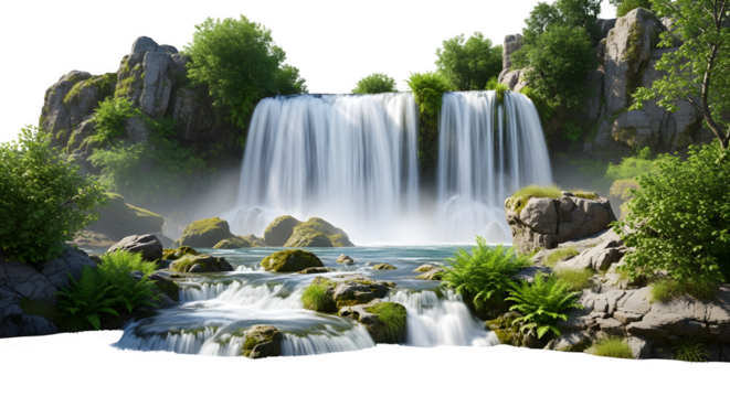 A scenic waterfall cascading over rocks surrounded by lush greenery isolated on transparent background