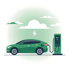 Green electric car charging at station under cloudy sky promoting sustainable energy future and transportation