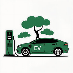 Clean energy vehicle charging in minimalist design with tree background symbolizing environmental responsibility