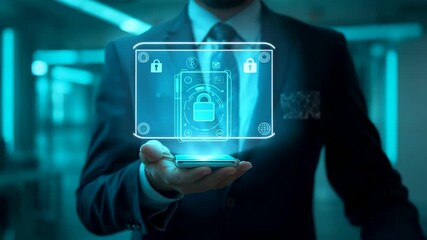 Business professional holding glowing digital security lock hologram showing concept of data protection, privacy, and cyber defense technology - Powered by Adobe