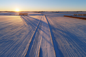 Aerial Hoarfrost Barley Plots With Pivot Tracks At Sunrise, Licensed Survey Drone View, Long Winter Shadows, Crisp Atmosphere, Agricultural Mapping