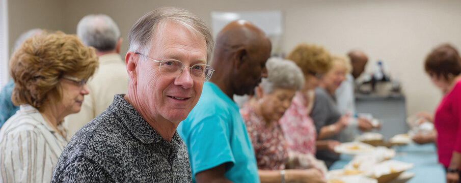 Senior man smiles at camera in diverse community meal line. Illustrates togetherness, support, social gatherings. Use for healthcare, charity, lifestyle concepts.