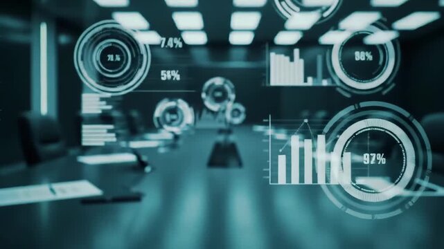 Futuristic holographic interface displays financial charts and data analytics, Financial interface with glowing teal charts, Modern digital analytics and corporate strategy concept. - Powered by Adobe