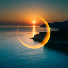 Beautiful sunset over the ocean with a sun glare reflecting in the water casting circle around the horizon scenic view