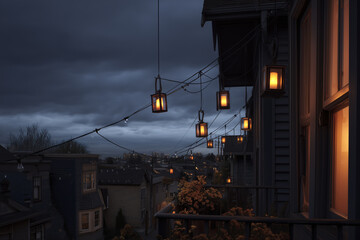 Twilight Urban Resilience Drill Using Balcony Solar-Battery Kit To Power Emergency Lanterns, Neat Cables, Eye-Level Community Scene