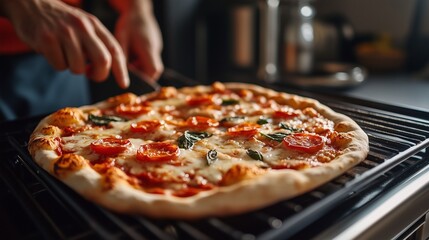 A person is slicing a freshly baked pizza topped with pepperoni and basil in a warm kitchen, highlighting the art of cooking and inviting atmosphere