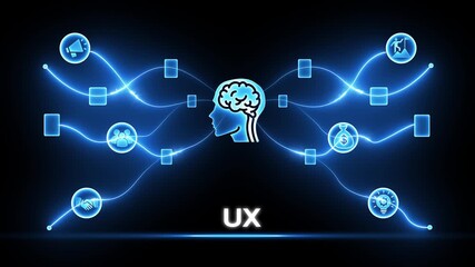 Futuristic brain network with UX text and glowing blue lines connecting icons user experience head - Powered by Adobe