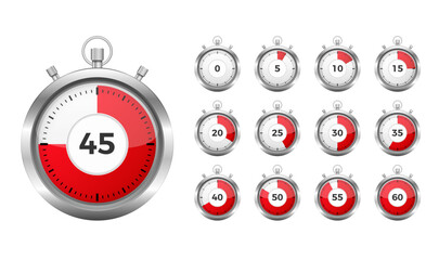 Collection of realistic silver stopwatch timers showing different time intervals from 0 to 60 with red indicator zones