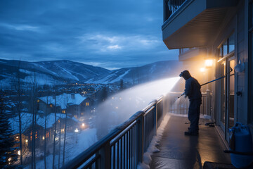 Alpine Condo Balcony Solar With De-Icing Crew Brushing Frosted Panels At Blue Hour, Headlamps, Breath Vapor, Mountain Town Below