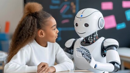 friendly humanoid robot communicating with curious schoolgirl in modern classroom showing education technology and artificial intelligence interaction - Powered by Adobe