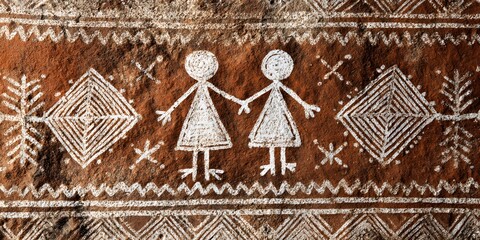 Traditional Indian Folk Art Painting of Two Figures Holding Hands