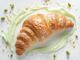 Croissant beautifully arranged on a white plate with green sauce and cardamom pods, highlighting the texture and flavors of this exquisite pastry creation