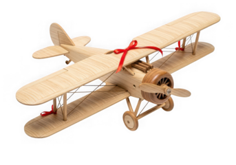 A detailed wooden biplane model a red ribbon tied around it, isolated on transparent background