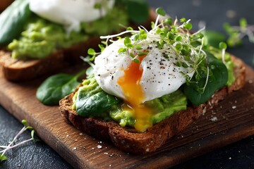 Avocado toast with poached egg and microgreens
