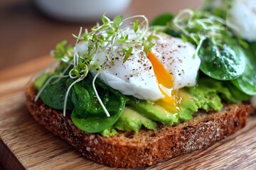 Healthy avocado toast with egg and spinach