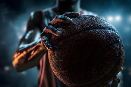 Basketball player gripping ball in dramatic lighting