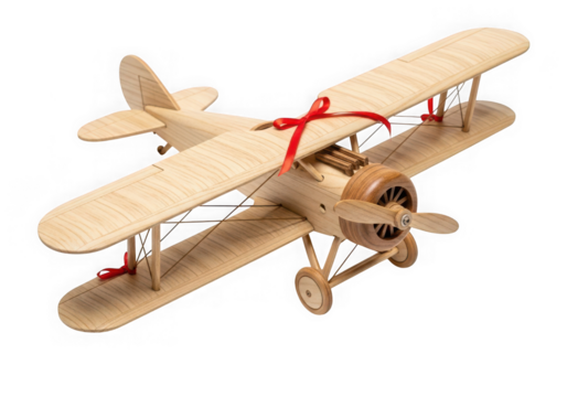 A detailed wooden biplane model a red ribbon tied around it, isolated on transparent background
