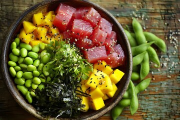 Colorful poke bowl with tuna, mango and edamame