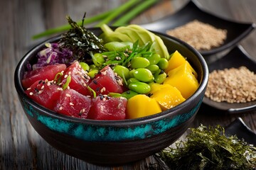 Healthy tuna poke bowl with tropical fruits and rice