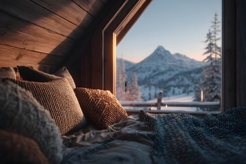 Rustic wooden cabin with view of snow-covered mountain peaks