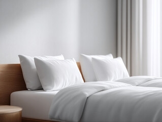 Serene bedroom scene featuring two cozy beds with crisp white linens. Minimalist style. Perfect for illustrating comfort, hospitality, rest, and peaceful mornings.